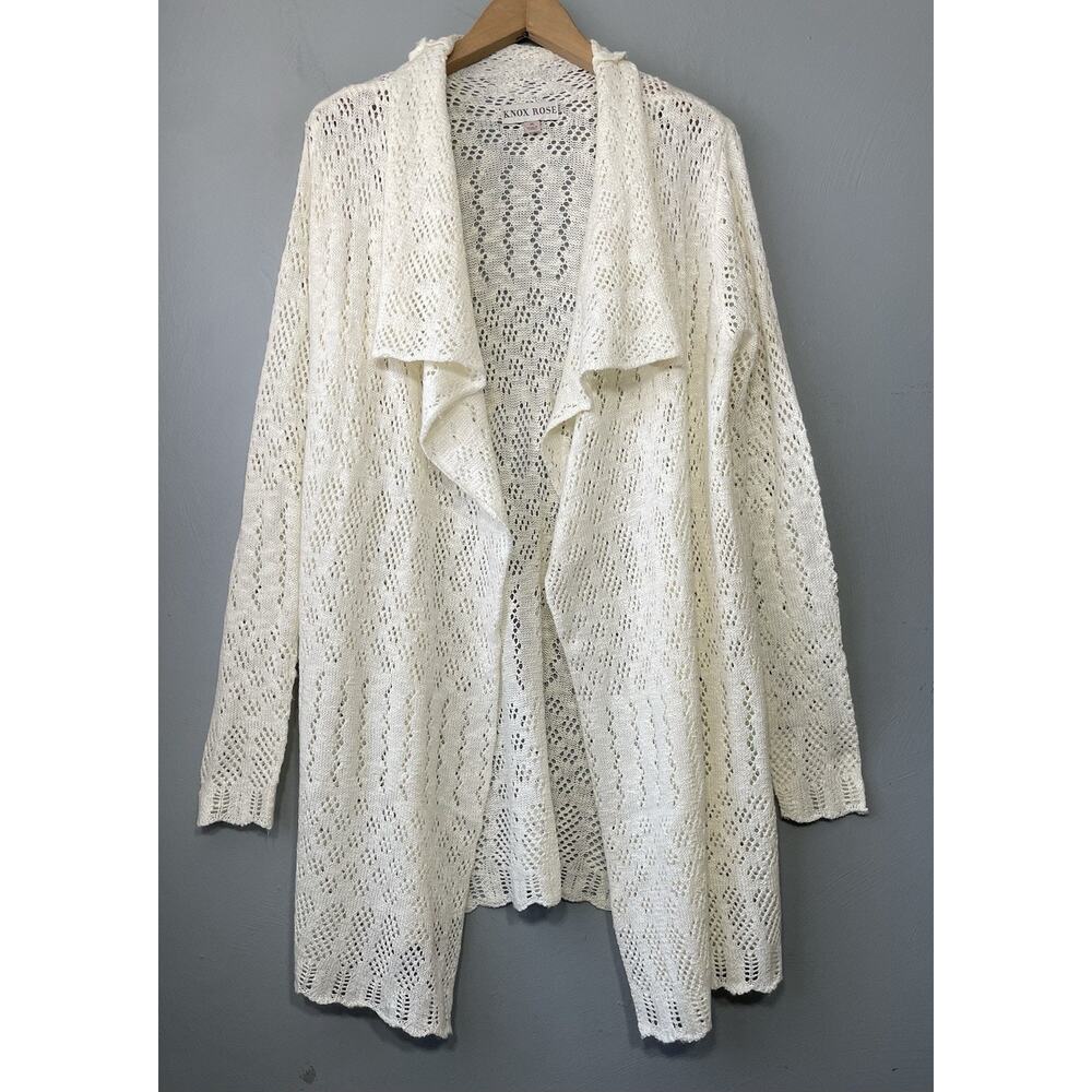 Knox Rose Open Knit Cardigan Size Medium Creamy Boho Romantic Crochet Drape